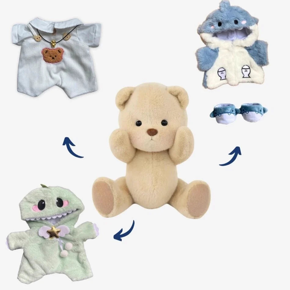 Teddybär Im Weißen Overall Set brauner Bär: Overall + Dino + Hai